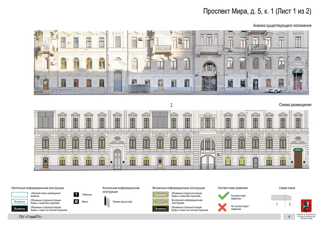 Архитектурная концепция размещения вывесок — Мира проспект, 5, корп. 1, Москва, лист 1 из 2 · Документ по адресу · Архитектурно-художественная концепция · 2019 год