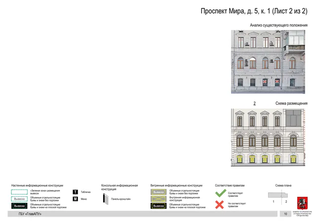 Архитектурная концепция размещения вывесок — Мира проспект, 5, корп. 1, Москва, лист 2 из 2 · Документ по адресу · Архитектурно-художественная концепция · 2019 год