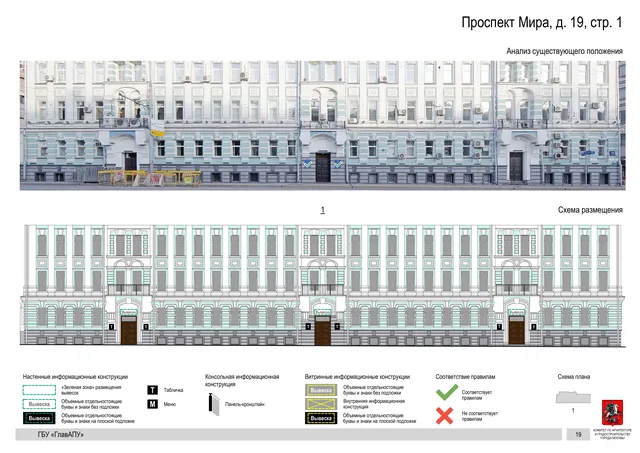 Архитектурная концепция размещения вывесок — Мира проспект, 19, стр. 1, Москва, страница PDF 21 · Документ по адресу · Архитектурно-художественная концепция · 2019 год