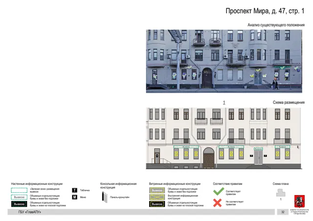 Архитектурная концепция размещения вывесок — Мира проспект, 47, стр. 1, Москва, страница PDF 34 · Документ по адресу · Архитектурно-художественная концепция · 2019 год