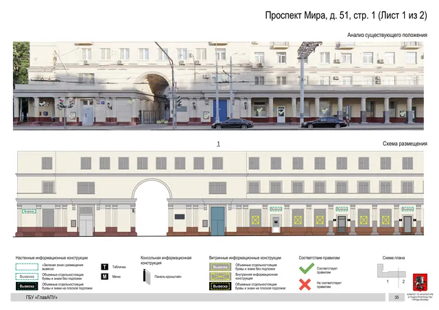 Архитектурная концепция размещения вывесок — Мира проспект, 51, стр. 1, Москва, лист 1 из 2 · Документ по адресу · Архитектурно-художественная концепция · 2019 год