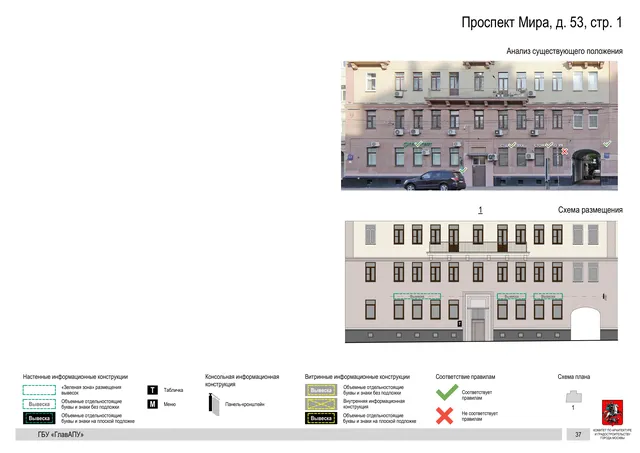 Архитектурная концепция размещения вывесок — Мира проспект, 53, стр. 1, Москва, страница PDF 39 · Документ по адресу · Архитектурно-художественная концепция · 2019 год