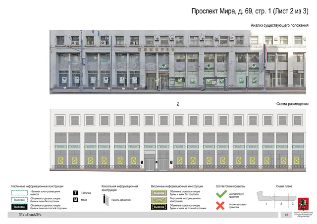 Архитектурная концепция размещения вывесок — Мира проспект, 69, стр. 1, Москва, лист 2 из 3 · Документ по адресу · Архитектурно-художественная концепция · 2019 год