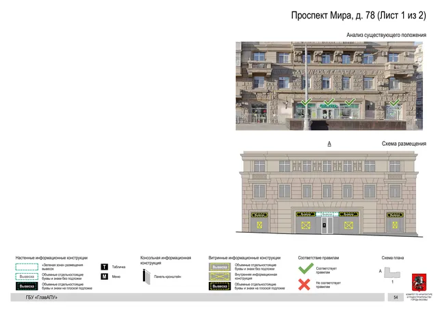 Архитектурная концепция размещения вывесок — Мира проспект, 78, Москва, лист 1 из 2 · Документ по адресу · Архитектурно-художественная концепция · 2019 год