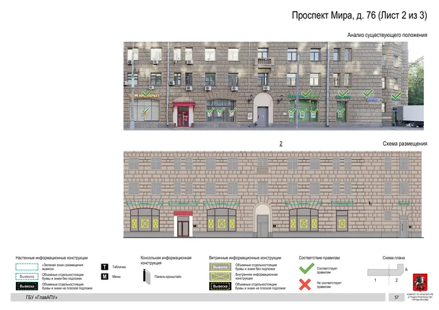 Архитектурная концепция размещения вывесок — Мира проспект, 76, Москва, лист 2 из 3 · Документ по адресу · Архитектурно-художественная концепция · 2019 год