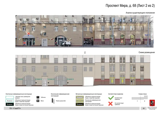 Архитектурная концепция размещения вывесок — Мира проспект, 68, Москва, лист 2 из 2 · Документ по адресу · Архитектурно-художественная концепция · 2019 год