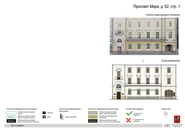 Архитектурная концепция размещения вывесок — Мира проспект, 62, стр. 1, Москва, страница PDF 73 · Документ по адресу · Архитектурно-художественная концепция · 2019 год