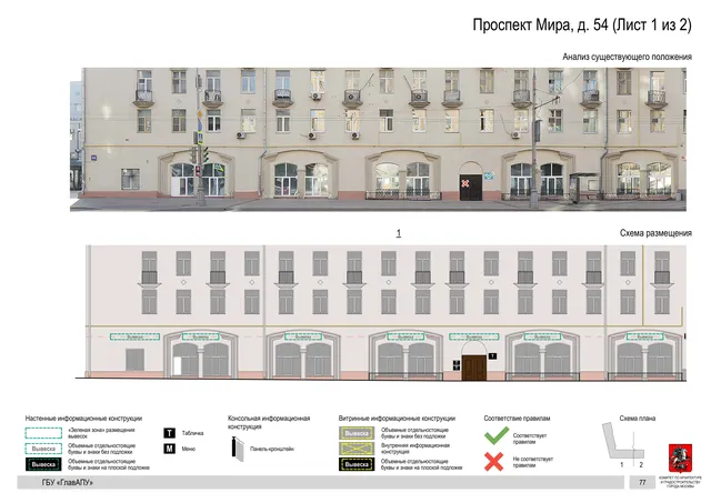 Архитектурная концепция размещения вывесок — Мира проспект, 54, Москва, лист 1 из 2 · Документ по адресу · Архитектурно-художественная концепция · 2019 год