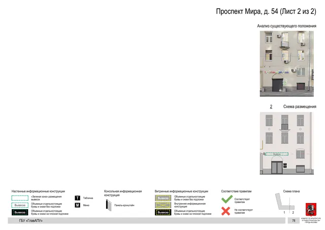 Архитектурная концепция размещения вывесок — Мира проспект, 54, Москва, лист 2 из 2 · Документ по адресу · Архитектурно-художественная концепция · 2019 год