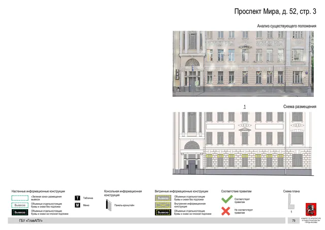 Архитектурная концепция размещения вывесок — Мира проспект, 52, стр. 3, Москва, страница PDF 82 · Документ по адресу · Архитектурно-художественная концепция · 2019 год