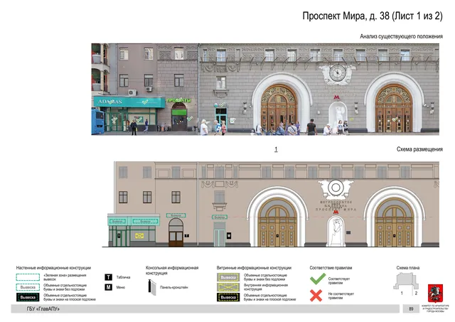 Архитектурная концепция размещения вывесок — Мира проспект, 38, Москва, лист 1 из 2 · Документ по адресу · Архитектурно-художественная концепция · 2019 год