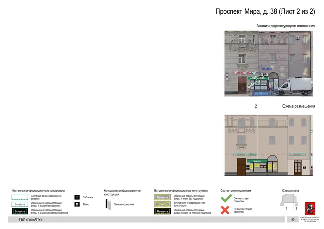 Архитектурная концепция размещения вывесок — Мира проспект, 38, Москва, лист 2 из 2 · Документ по адресу · Архитектурно-художественная концепция · 2019 год