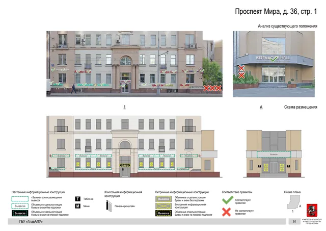 Архитектурная концепция размещения вывесок — Мира проспект, 36, стр. 1, Москва, страница PDF 94 · Документ по адресу · Архитектурно-художественная концепция · 2019 год