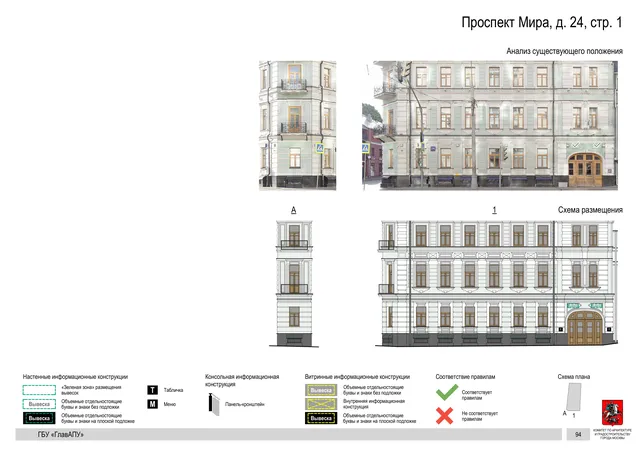 Архитектурная концепция размещения вывесок — Мира проспект, 24, стр. 1, Москва, страница PDF 97 · Документ по адресу · Архитектурно-художественная концепция · 2019 год