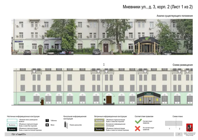 Архитектурная концепция размещения вывесок — Мневники улица, 3, корп. 2, Москва, лист 1 из 2 · Документ по адресу · Архитектурно-художественная концепция · 2020 год