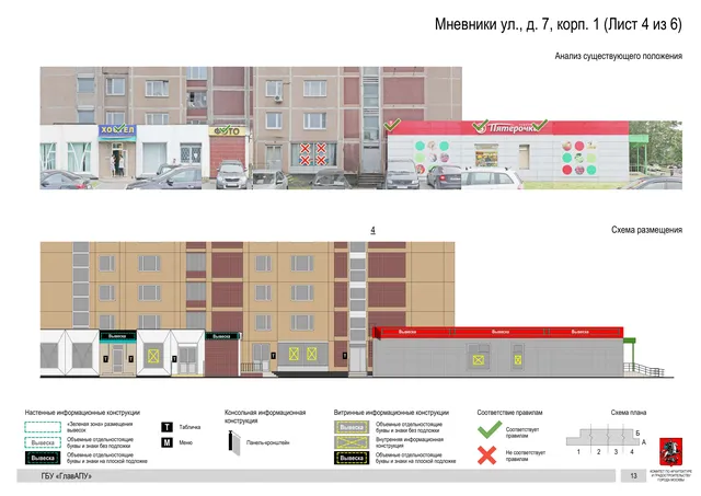 Архитектурная концепция размещения вывесок — Мневники улица, 7, корп. 1, Москва, лист 4 из 6 · Документ по адресу · Архитектурно-художественная концепция · 2020 год