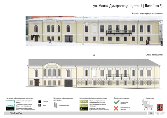 Архитектурная концепция размещения вывесок — Малая дмитровка улица, 1, стр. 1, Москва, лист 1 из 3 · Документ по адресу · Архитектурно-художественная концепция