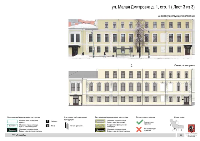 Архитектурная концепция размещения вывесок — Малая дмитровка улица, 1, стр. 1, Москва, лист 3 из 3 · Документ по адресу · Архитектурно-художественная концепция