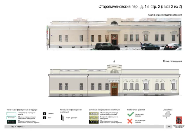 Старопименовский пер., д. 18, стр. 2 (Лист 2 из 2) · PDF 45 Архитектурная концепция размещения вывесок — Старопименовский переулок, 18, стр. 2, Москва, лист 2 из 2 · Документ по адресу · Архитектурно-художественная концепция