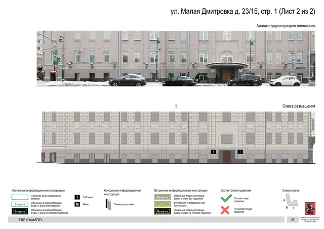 ул. Малая Дмитровка д. 23/15, стр. 1 (Лист 2 из 2) · PDF 47 Архитектурная концепция размещения вывесок — Малая дмитровка улица, 23/15, стр. 1, Москва, лист 2 из 2 · Документ по адресу · Архитектурно-художественная концепция