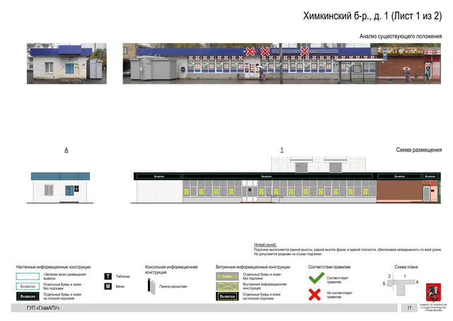 Архитектурная концепция размещения вывесок — Химкинский бульвар, 1, Москва, лист 1 из 2 · Документ по адресу · Архитектурно-художественная концепция · 2016 год