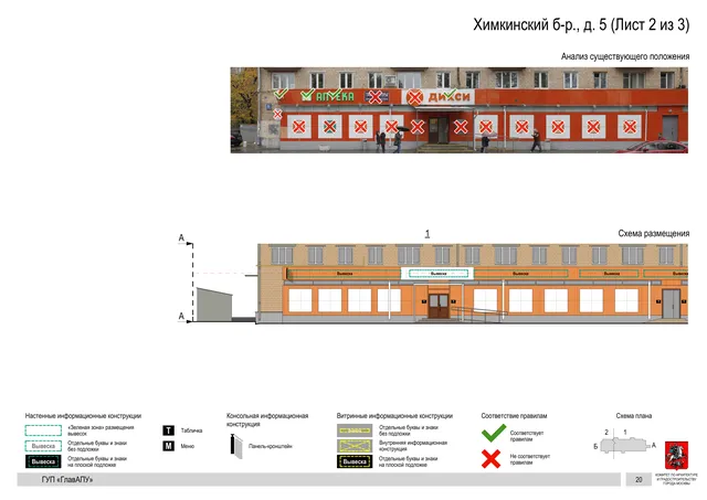 Архитектурная концепция размещения вывесок — Химкинский бульвар, 5, Москва, лист 2 из 3 · Документ по адресу · Архитектурно-художественная концепция · 2016 год