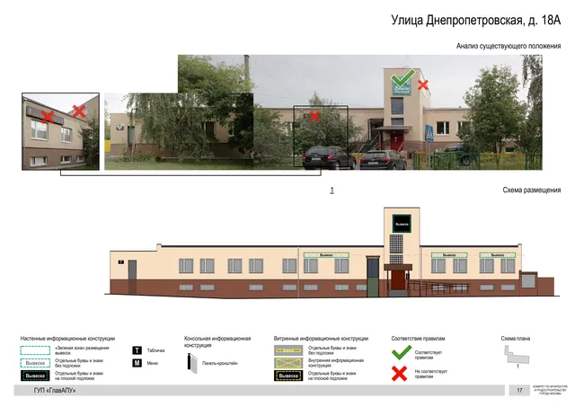 Архитектурная концепция размещения вывесок — Днепропетровская улица, 18А, Москва, страница PDF 17 · Документ по адресу · Архитектурно-художественная концепция · 2016 год