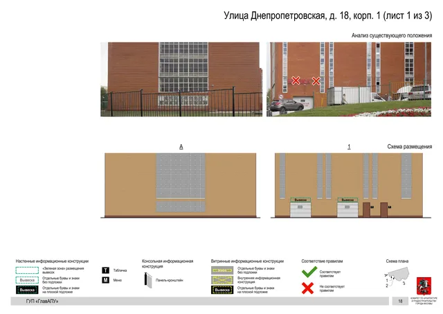 Архитектурная концепция размещения вывесок — Днепропетровская улица, 18, корп. 1, Москва, лист 1 из 3 · Документ по адресу · Архитектурно-художественная концепция · 2016 год