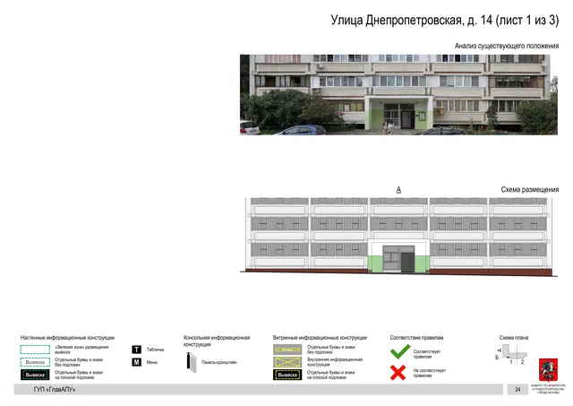 Архитектурная концепция размещения вывесок — Днепропетровская улица, 14, Москва, лист 1 из 3 · Документ по адресу · Архитектурно-художественная концепция · 2016 год