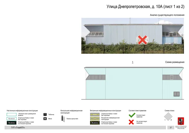 Архитектурная концепция размещения вывесок — Днепропетровская улица, 10А, Москва, лист 1 из 2 · Документ по адресу · Архитектурно-художественная концепция · 2016 год