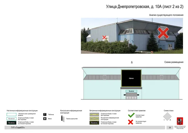 Архитектурная концепция размещения вывесок — Днепропетровская улица, 10А, Москва, лист 2 из 2 · Документ по адресу · Архитектурно-художественная концепция · 2016 год