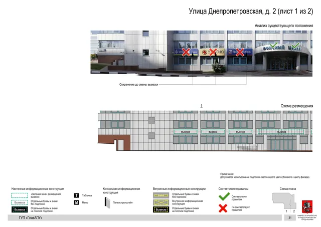 Архитектурная концепция размещения вывесок — Днепропетровская улица, 2, Москва, лист 1 из 2 · Документ по адресу · Архитектурно-художественная концепция · 2016 год