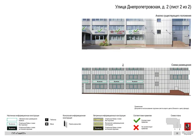 Архитектурная концепция размещения вывесок — Днепропетровская улица, 2, Москва, лист 2 из 2 · Документ по адресу · Архитектурно-художественная концепция · 2016 год