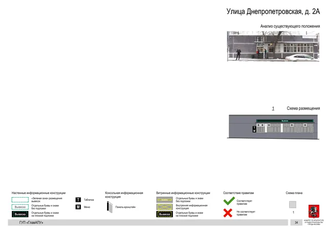 Архитектурная концепция размещения вывесок — Днепропетровская улица, 2А, Москва, страница PDF 34 · Документ по адресу · Архитектурно-художественная концепция · 2016 год