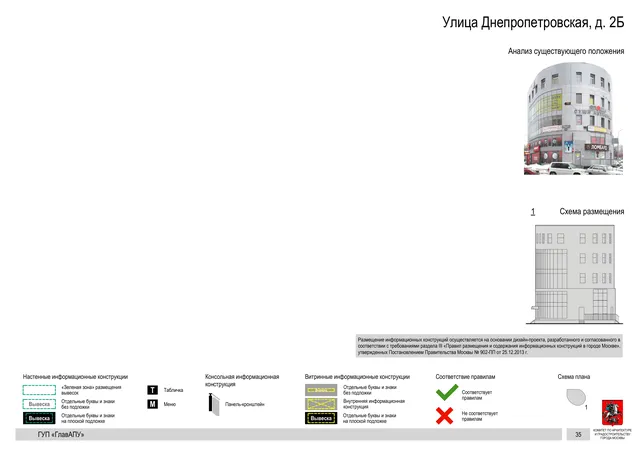 Архитектурная концепция размещения вывесок — Днепропетровская улица, 2Б, Москва, страница PDF 35 · Документ по адресу · Архитектурно-художественная концепция · 2016 год
