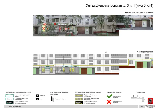 Архитектурная концепция размещения вывесок — Днепропетровская улица, 3, корп. 1, Москва, лист 3 из 4 · Документ по адресу · Архитектурно-художественная концепция · 2016 год