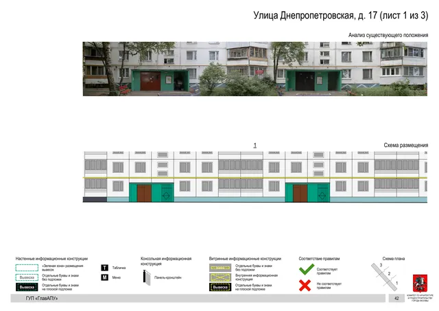 Архитектурная концепция размещения вывесок — Днепропетровская улица, 17, Москва, лист 1 из 3 · Документ по адресу · Архитектурно-художественная концепция · 2016 год