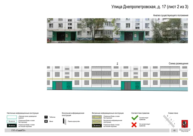 Архитектурная концепция размещения вывесок — Днепропетровская улица, 17, Москва, лист 2 из 3 · Документ по адресу · Архитектурно-художественная концепция · 2016 год