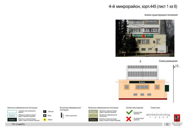 Архитектурная концепция размещения вывесок — 4-й микрорайон, корп. 445, Москва, лист 1 из 6 · Документ по адресу · Архитектурно-художественная концепция · 2016 год