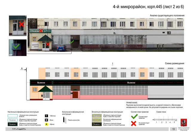 Архитектурная концепция размещения вывесок — 4-й микрорайон, корп. 445, Москва, лист 2 из 6 · Документ по адресу · Архитектурно-художественная концепция · 2016 год
