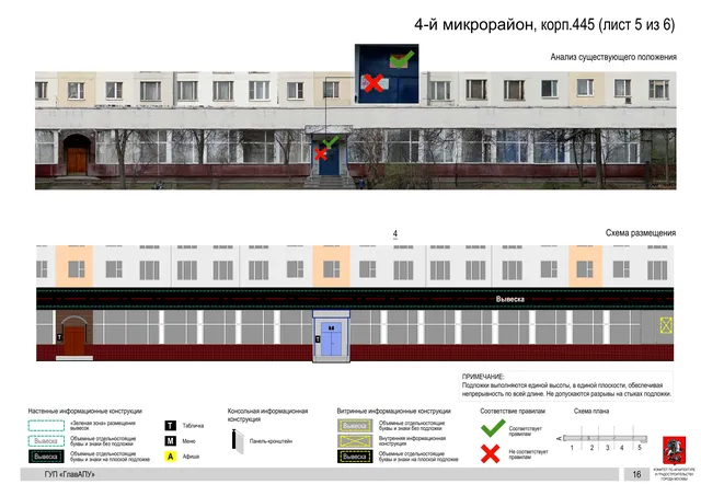 Архитектурная концепция размещения вывесок — 4-й микрорайон, корп. 445, Москва, лист 5 из 6 · Документ по адресу · Архитектурно-художественная концепция · 2016 год