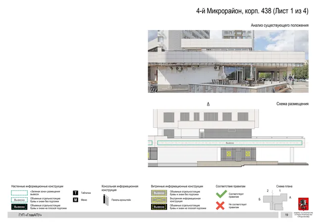 Архитектурная концепция размещения вывесок — 4-й микрорайон, корп. 438, Москва, лист 1 из 4 · Документ по адресу · Архитектурно-художественная концепция · 2016 год