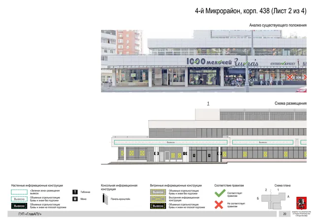 Архитектурная концепция размещения вывесок — 4-й микрорайон, корп. 438, Москва, лист 2 из 4 · Документ по адресу · Архитектурно-художественная концепция · 2016 год