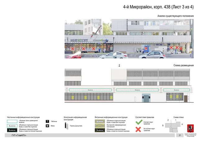Архитектурная концепция размещения вывесок — 4-й микрорайон, корп. 438, Москва, лист 3 из 4 · Документ по адресу · Архитектурно-художественная концепция · 2016 год