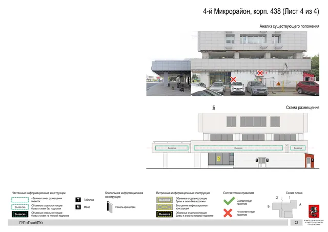 Архитектурная концепция размещения вывесок — 4-й микрорайон, корп. 438, Москва, лист 4 из 4 · Документ по адресу · Архитектурно-художественная концепция · 2016 год