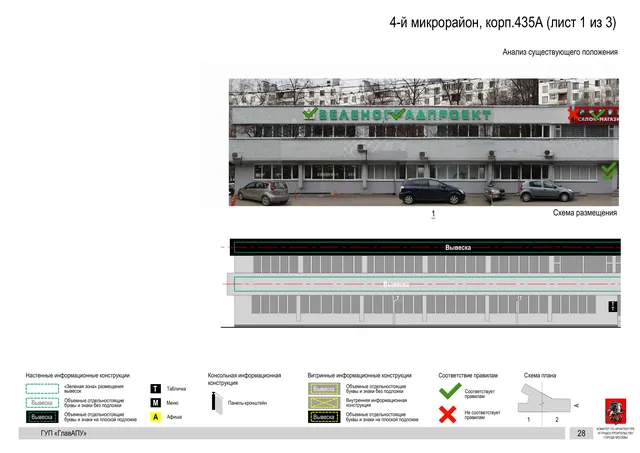 Архитектурная концепция размещения вывесок — 4-й микрорайон, корп. 435А, Москва, лист 1 из 3 · Документ по адресу · Архитектурно-художественная концепция · 2016 год