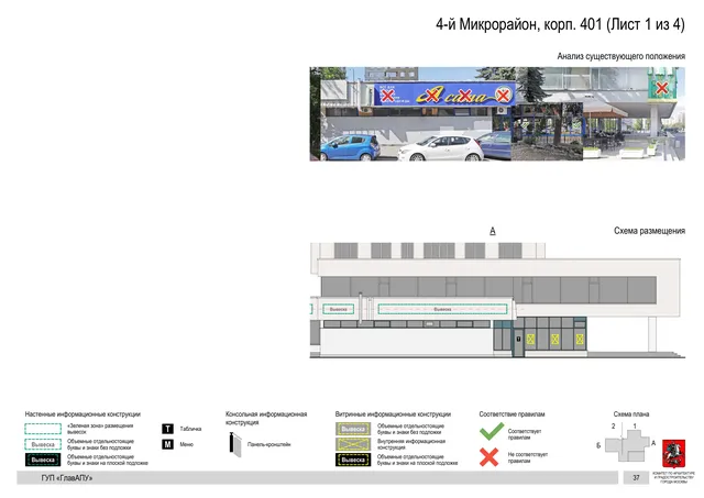 Архитектурная концепция размещения вывесок — 4-й микрорайон, корп. 401, Москва, лист 1 из 4 · Документ по адресу · Архитектурно-художественная концепция · 2016 год