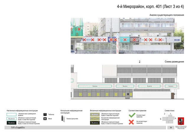 Архитектурная концепция размещения вывесок — 4-й микрорайон, корп. 401, Москва, лист 3 из 4 · Документ по адресу · Архитектурно-художественная концепция · 2016 год