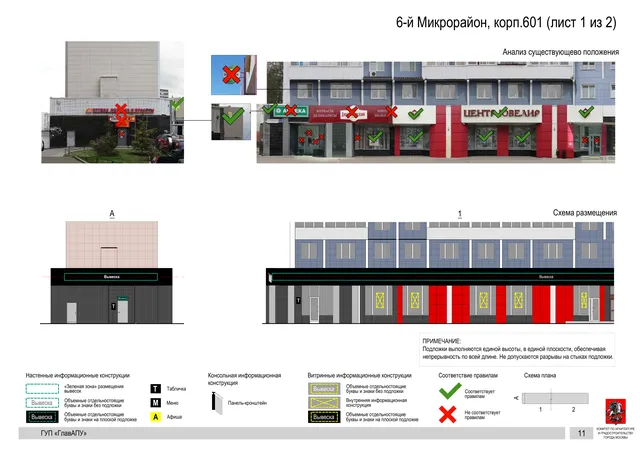 Архитектурная концепция размещения вывесок — 6-й микрорайон, корп. 601, Москва, лист 1 из 2 · Документ по адресу · Архитектурно-художественная концепция · 2016 год