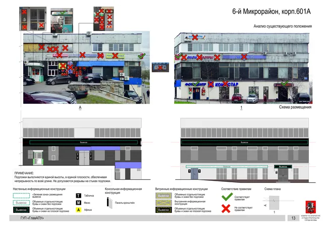 Архитектурная концепция размещения вывесок — 6-й микрорайон, корп. 601А, Москва, страница PDF 13 · Документ по адресу · Архитектурно-художественная концепция · 2016 год